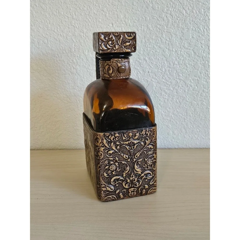 Vintage Amber Glass Decanter Bullfighter Flamenco Dancer Leather Embossed